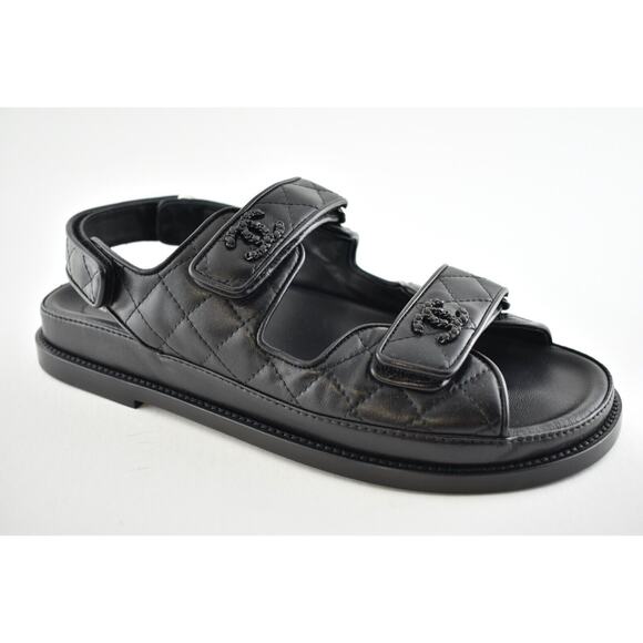 Chanel Black Leather Quilted Chain CC Logo Mule Slide Strap Flat Dad Sandal 39.5 - Picture 5 of 11